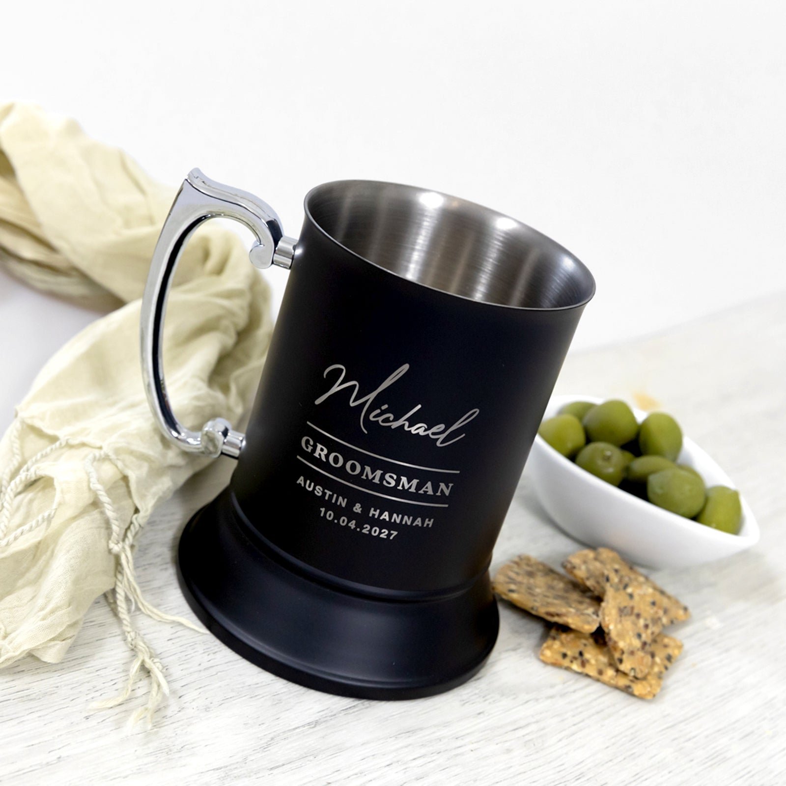 Engraved Bridal Party Matte Black Metal Beer Mug with Gift Box