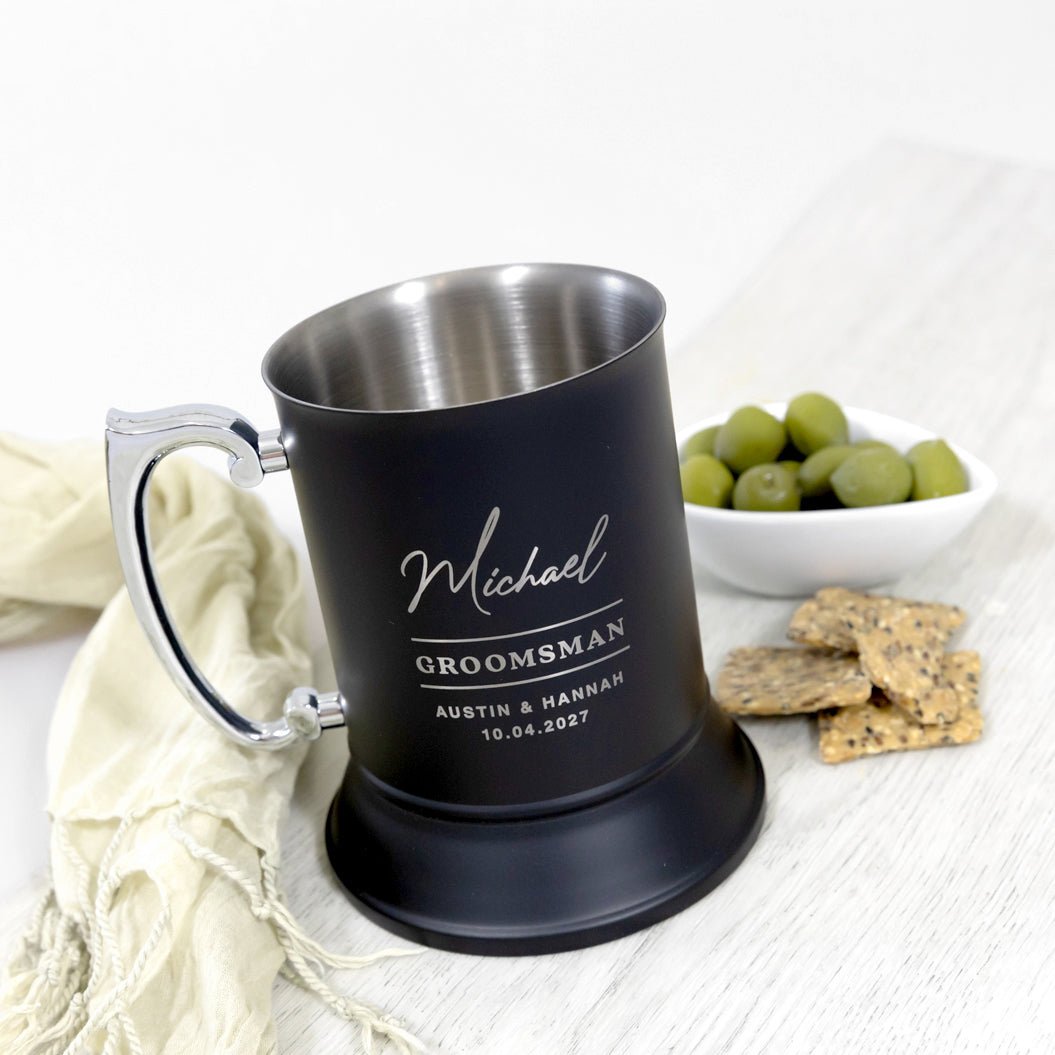 Engraved Bridal Party Matte Black Metal Beer Mug with Gift Box