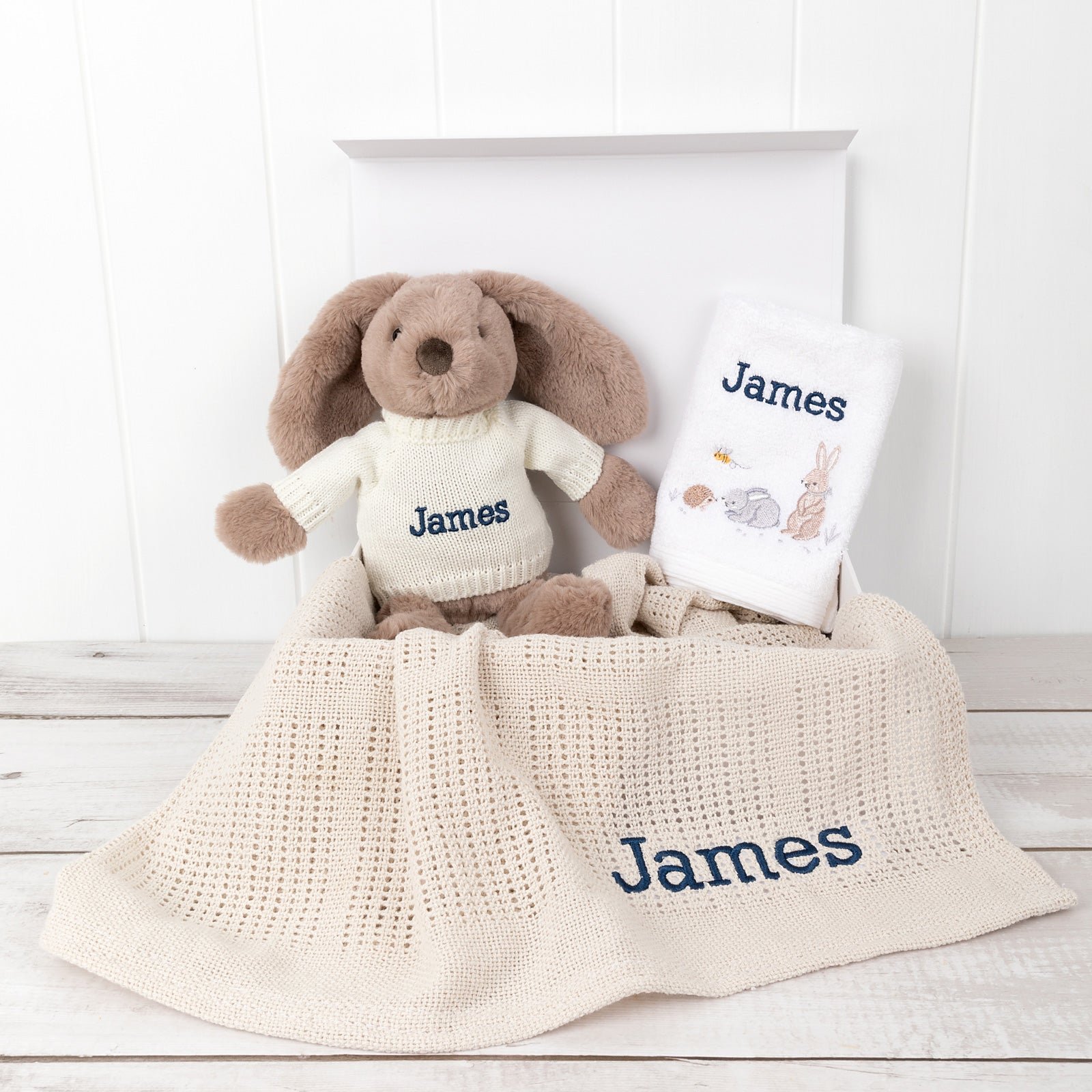 Embroidered Bunny Hamper Gift Set – Taupe