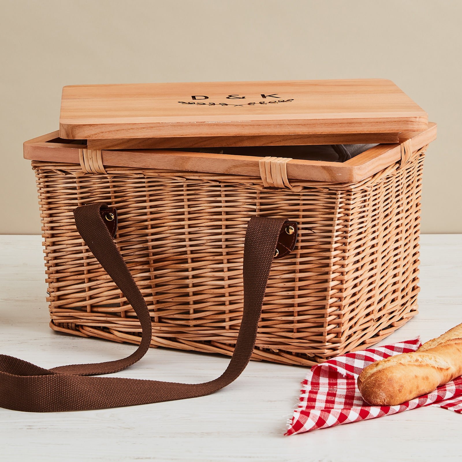 Rectangle Cooler Picnic Basket with Engraved Wooden Lid