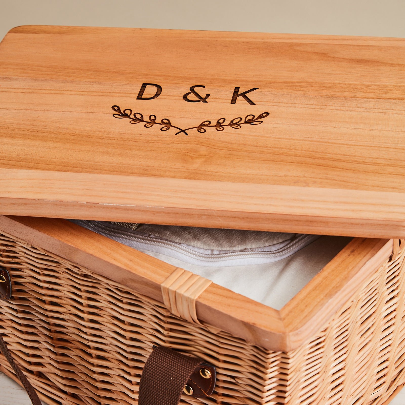 Rectangle Cooler Picnic Basket with Engraved Wooden Lid
