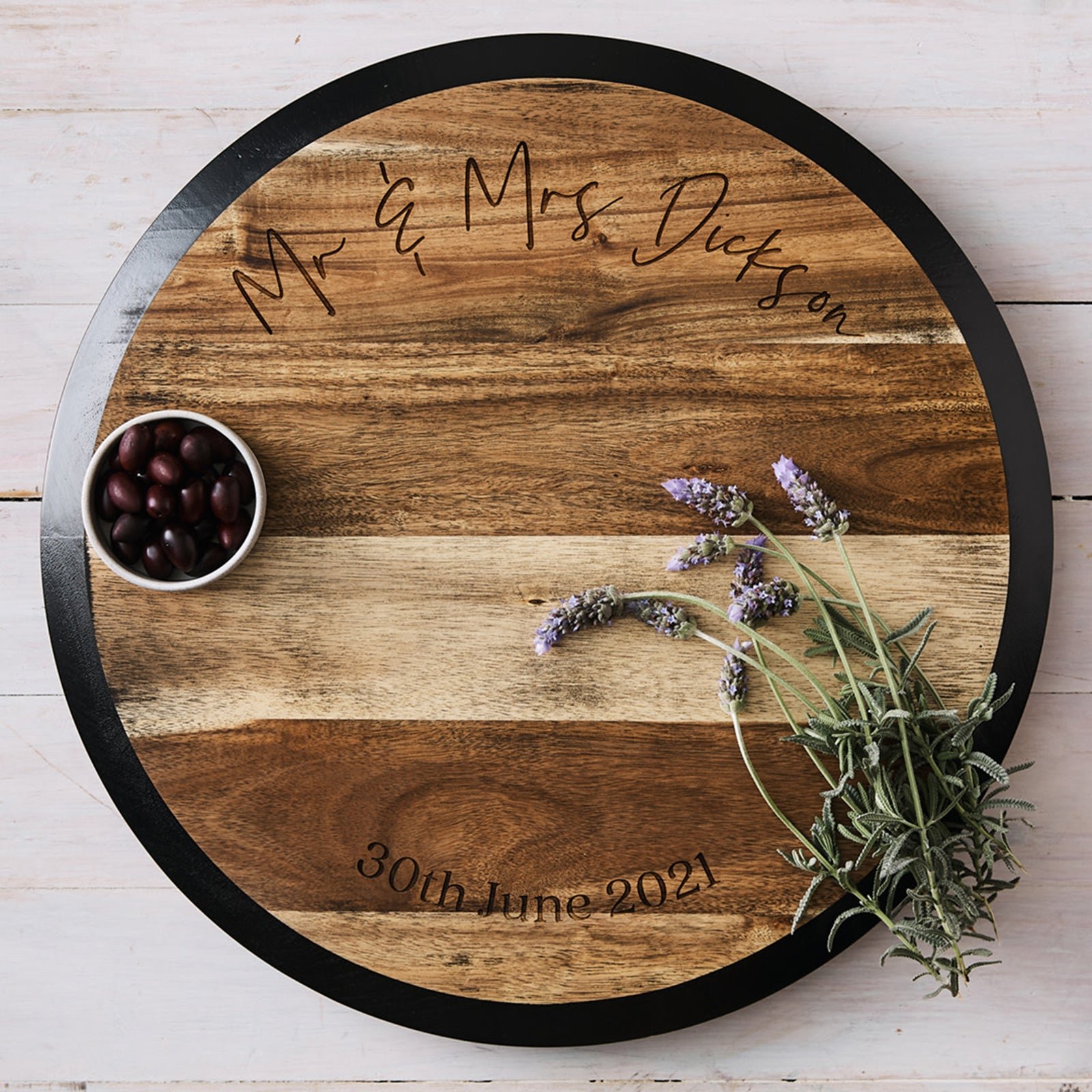 Engraved Acacia Wood Lazy Susan with Chalkboard Rim