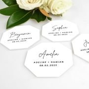 Printed White Acrylic Geometric Octagon Wedding Placecards