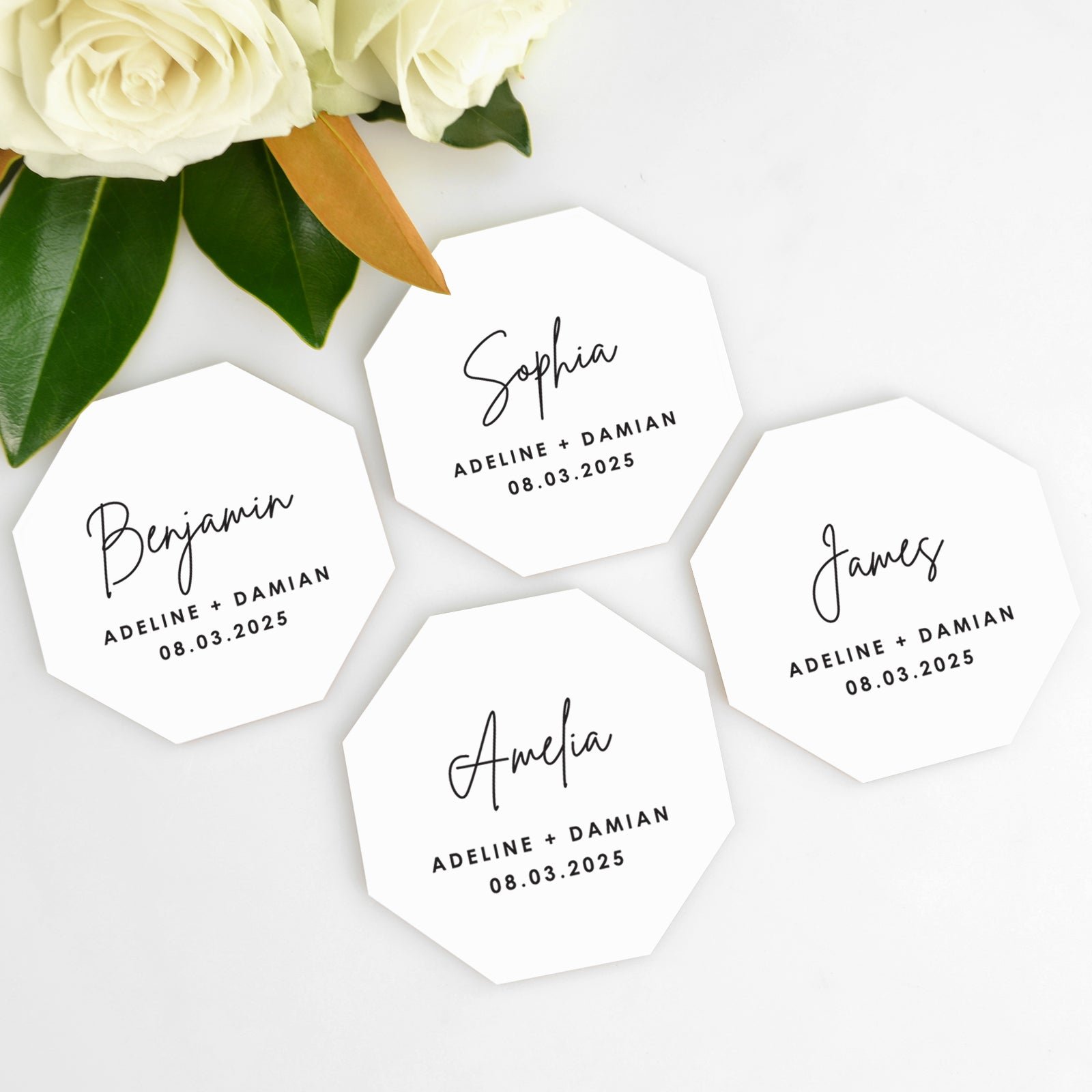 Printed White Acrylic Geometric Octagon Wedding Placecards