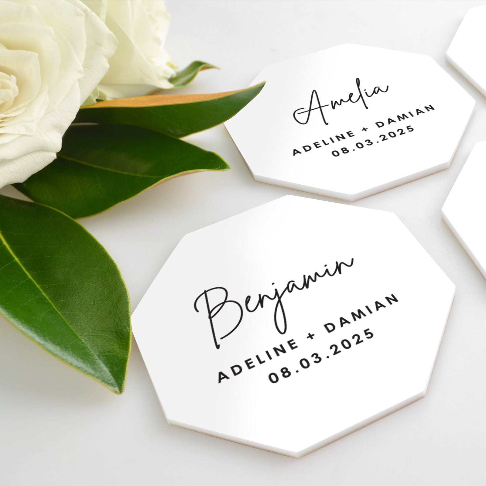Printed White Acrylic Geometric Octagon Wedding Placecards