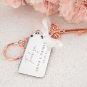 Rose Gold Key Keyring with Engraved Wedding Acrylic Gift Tag