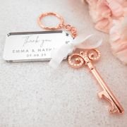 Rose Gold Key Keyring with Engraved Wedding Acrylic Gift Tag