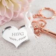 Rose Gold Key Keyring with Engraved Wedding Acrylic ‘Heart’ Gift Tag
