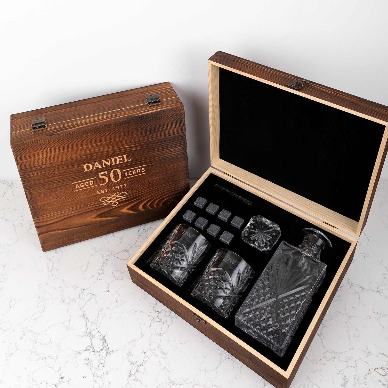 Engraved Rustic Wooden Gift Boxed Decanter Set Birthday Gift