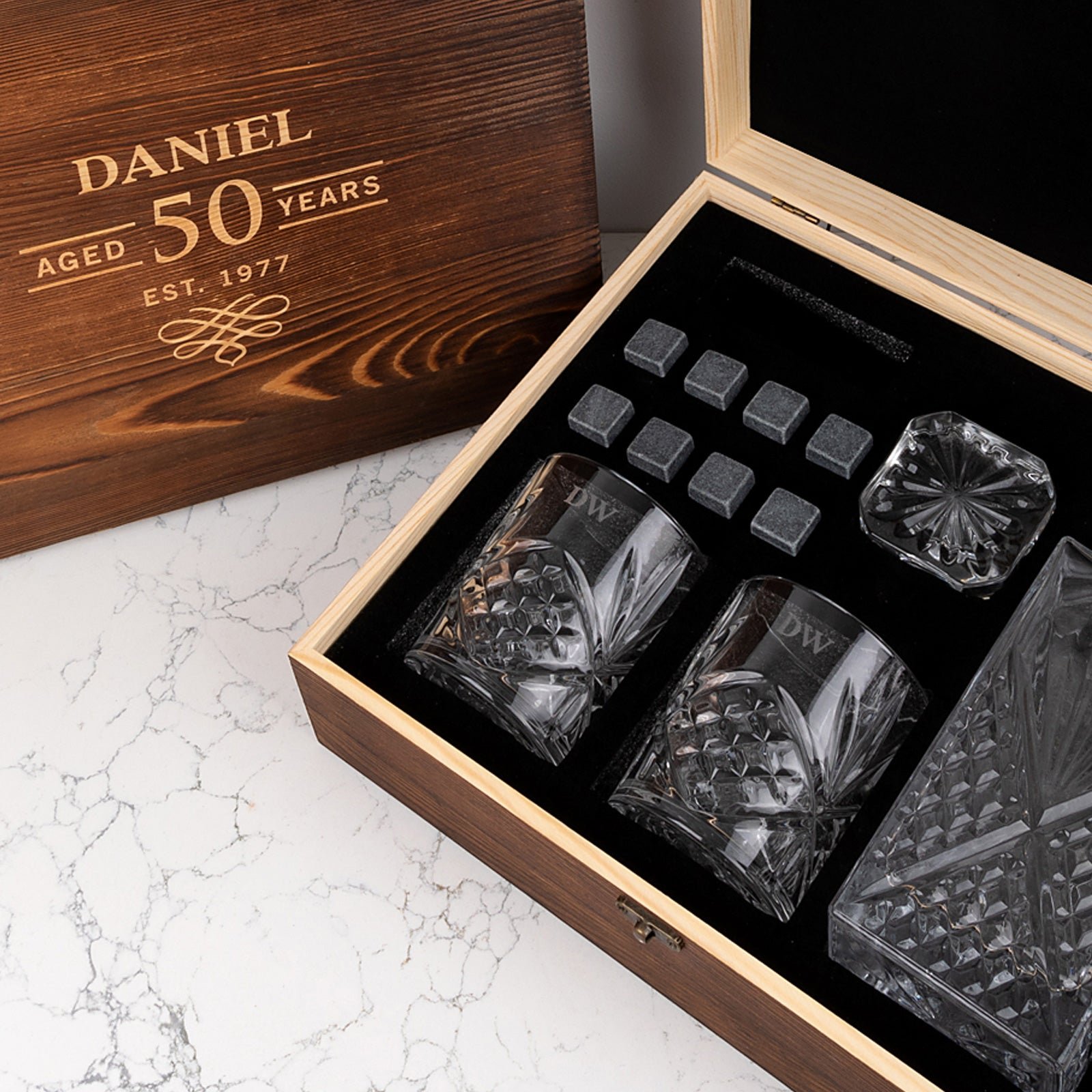 Engraved Rustic Wooden Gift Boxed Decanter Set Birthday Gift