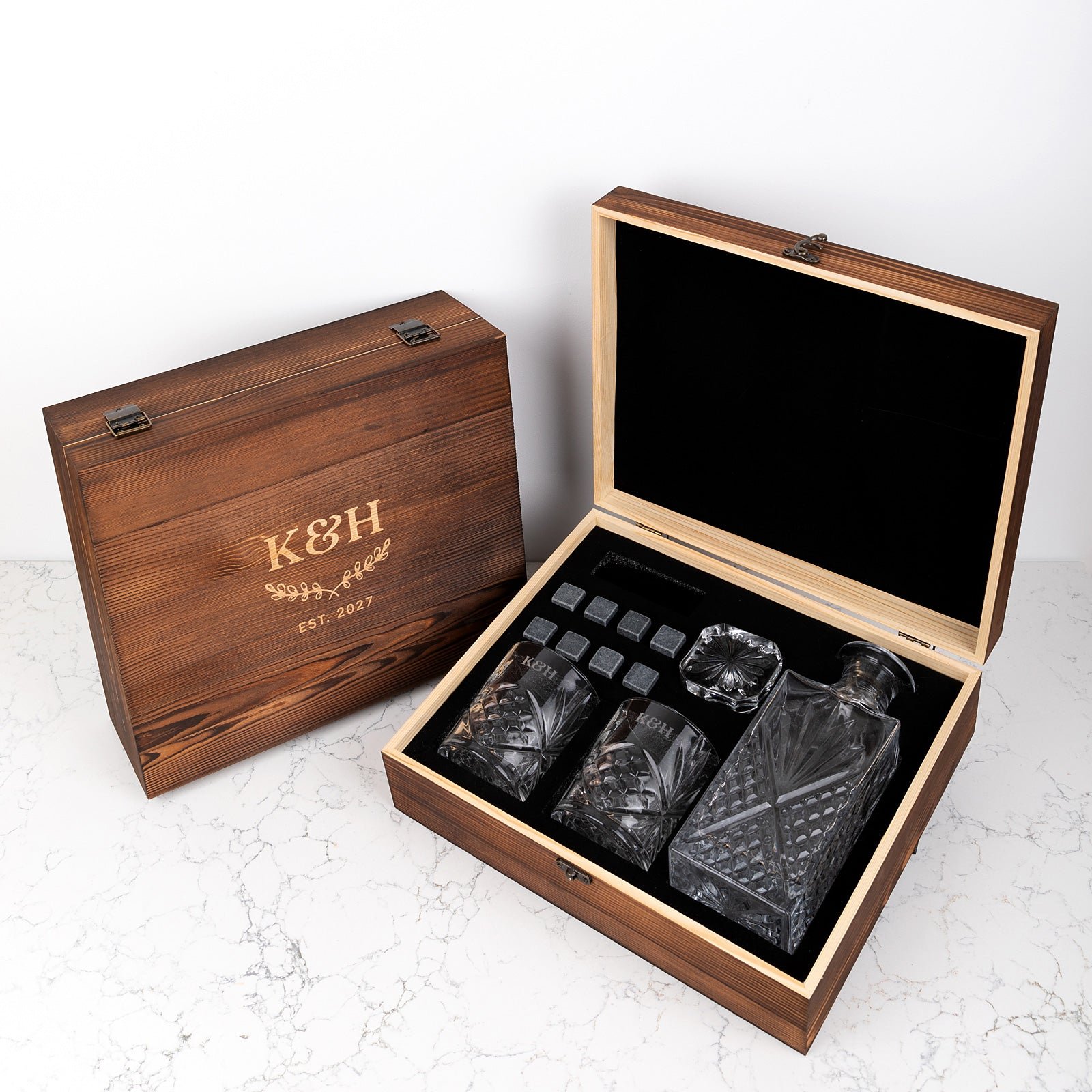 Engraved Rustic Wooden Gift Boxed Decanter Set Wedding Gift