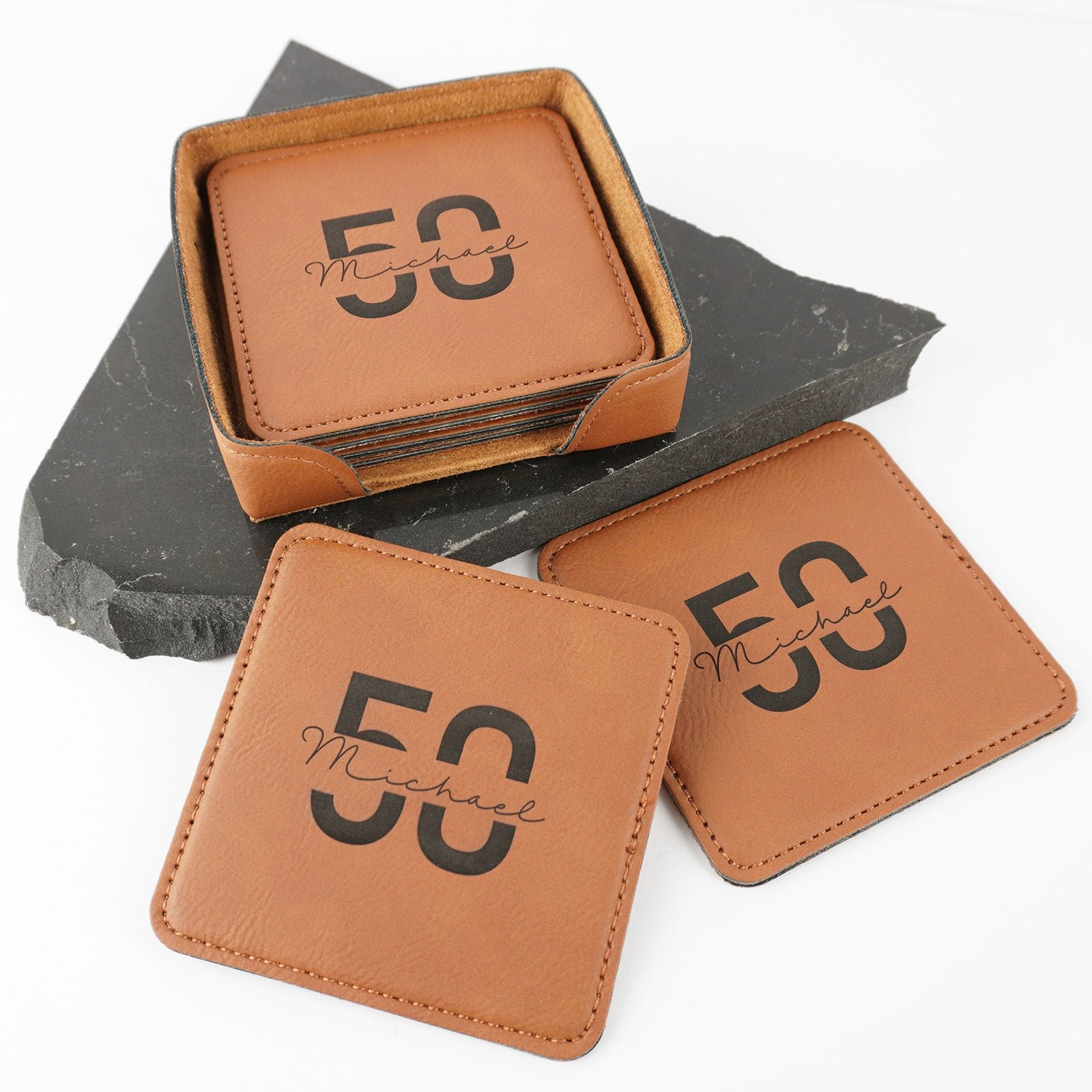Engraved Set of 6 Birthday Milestone Square Leatherette Coasters