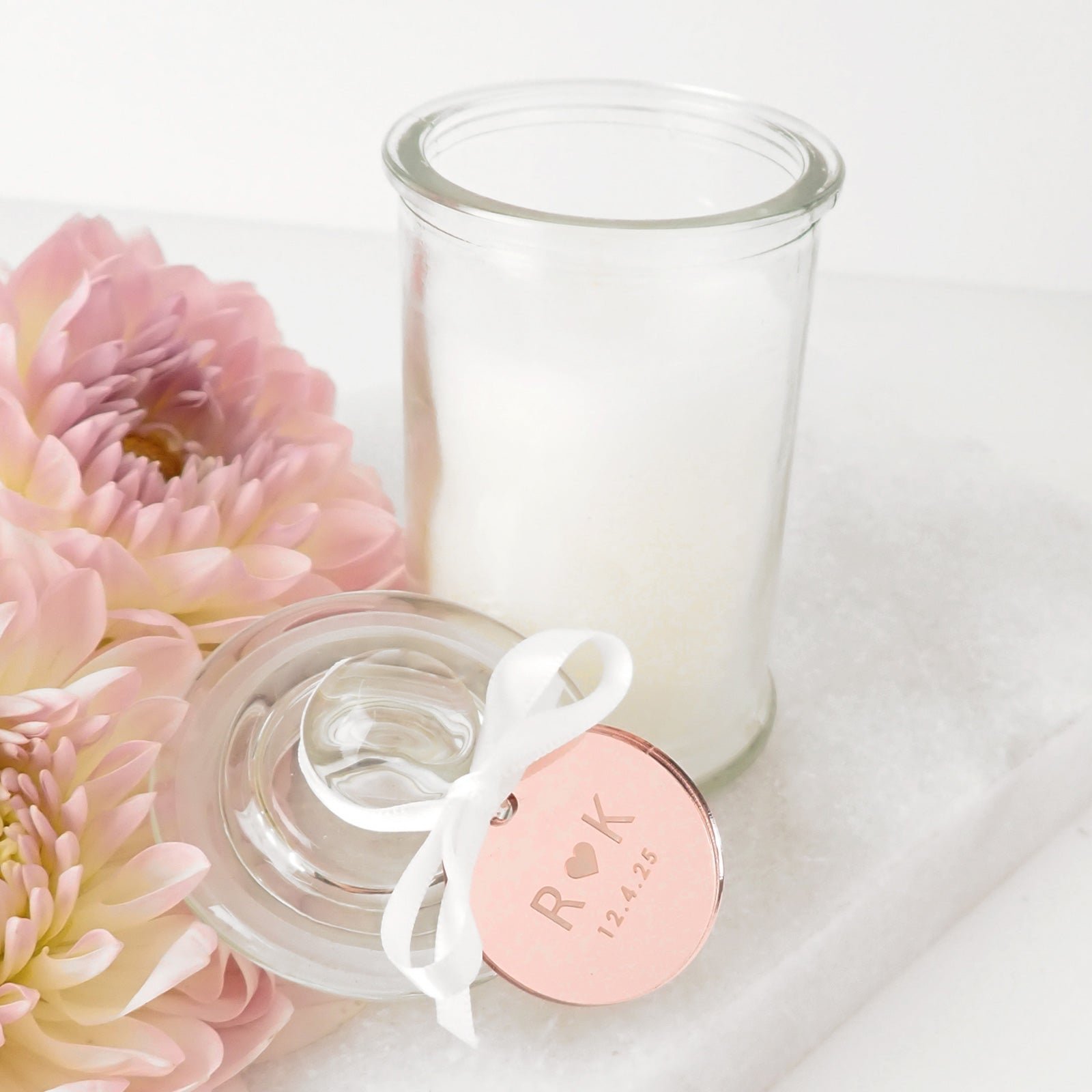 French Tip Wedding Candle with Engraved Round Acrylic Gift Tag