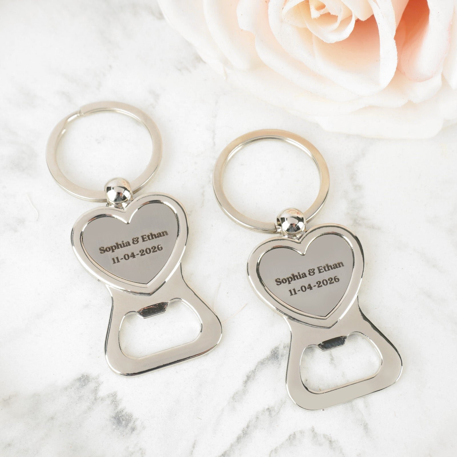 Engraved Silver Heart Keyring / Bottle Opener Wedding Favour