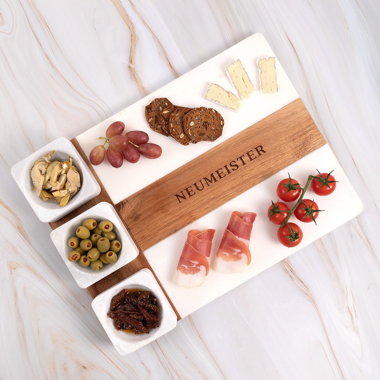 Engraved Acacia Wood and Marble Serving Platter
