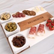 Engraved Acacia Wood and Marble Serving Platter