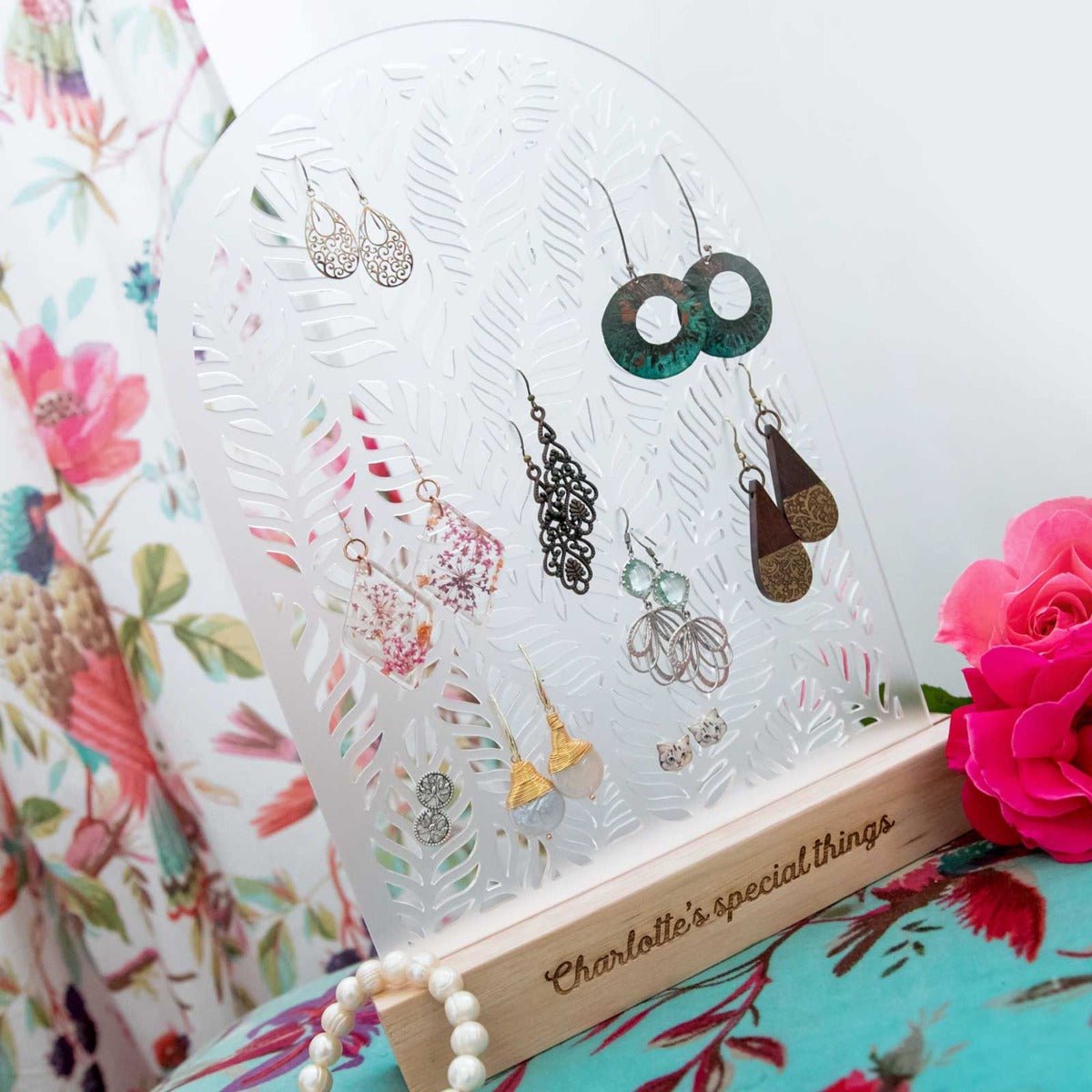 Acrylic Jewellery Holder with Engraved Wooden Base