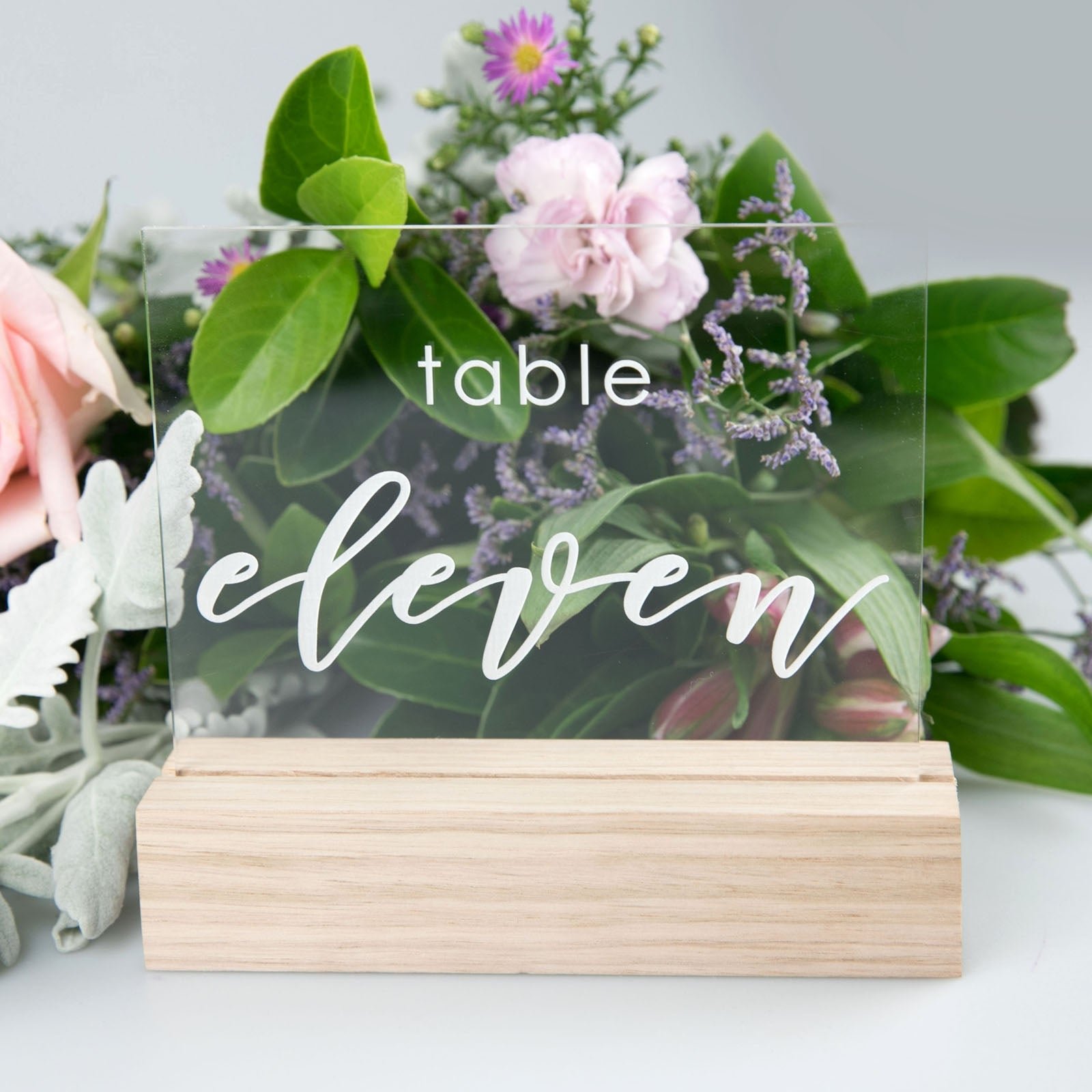 Engraved Clear Acrylic Table Number with Wooden Base
