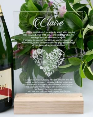 Engraved Clear Acrylic Wedding Vows with Wooden Base