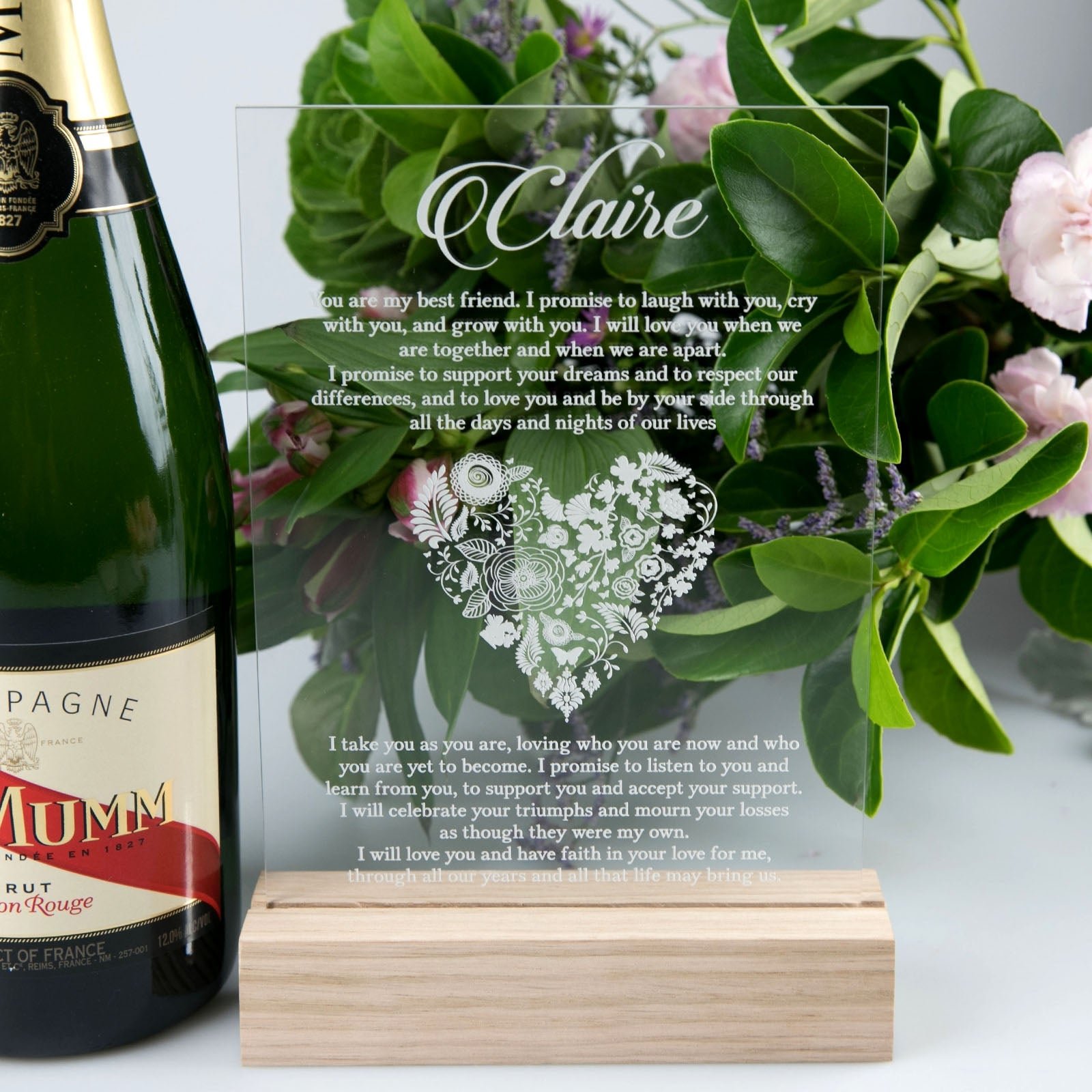 Engraved Clear Acrylic Wedding Vows with Wooden Base
