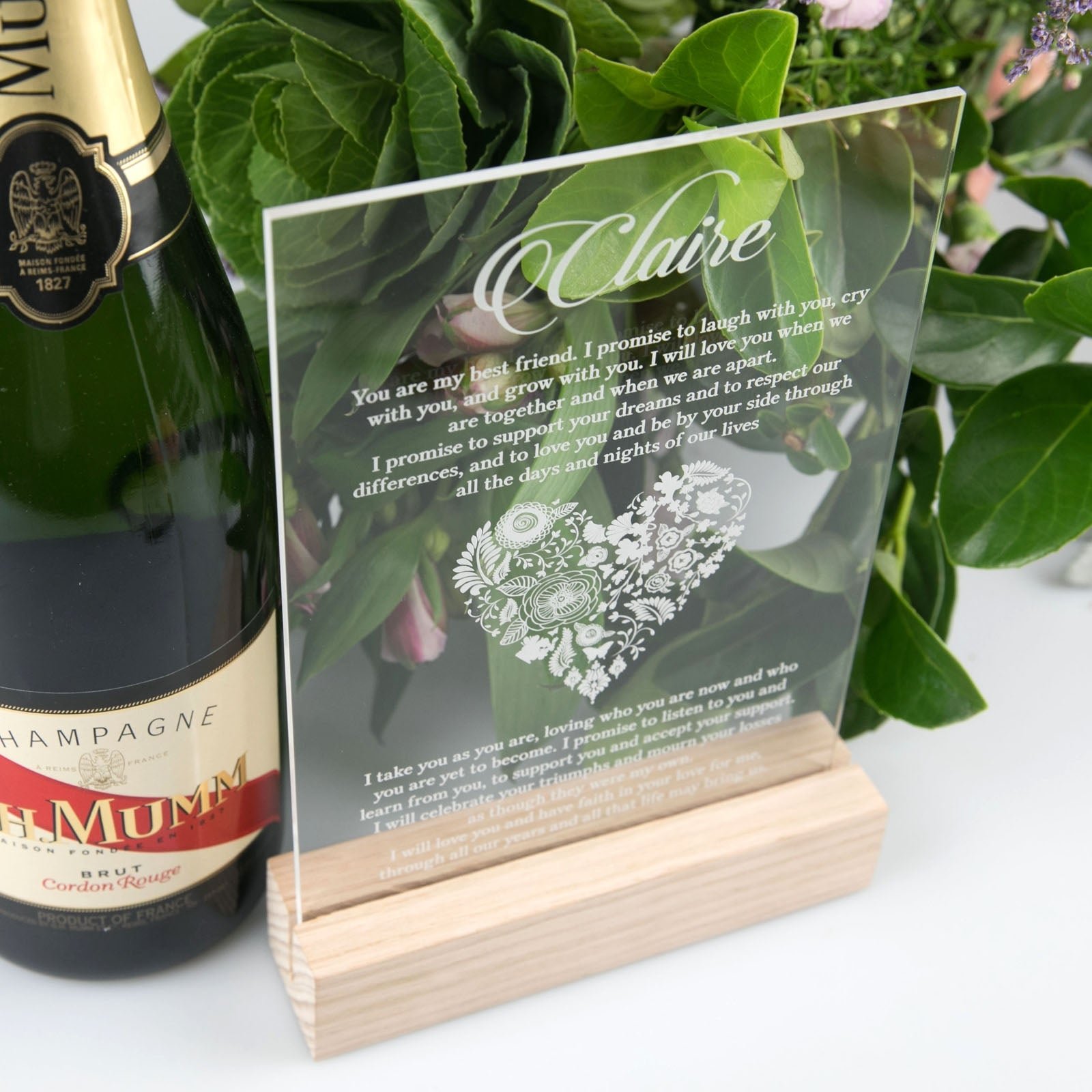 Engraved Clear Acrylic Wedding Vows with Wooden Base
