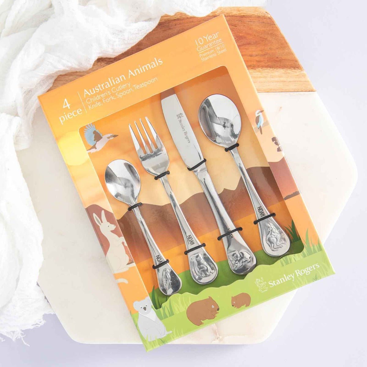 Engraved Stainless Steel Children’s Cutlery 4 Piece Set Australian Animals