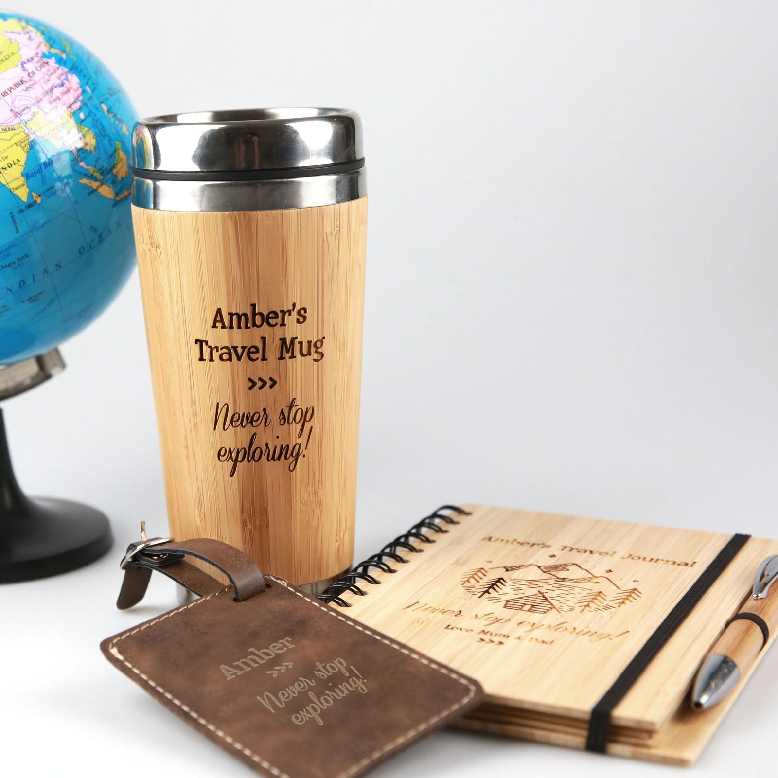 Personalised Travel Hamper – Engraved Bamboo Thermal Mug. Engraved Luggage Tag. Engraved Bamboo Travel Journal