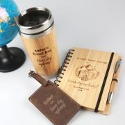 Personalised Travel Hamper – Engraved Bamboo Thermal Mug. Engraved Luggage Tag. Engraved Bamboo Travel Journal