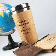 Personalised Travel Hamper – Engraved Bamboo Thermal Mug. Engraved Luggage Tag. Engraved Bamboo Travel Journal