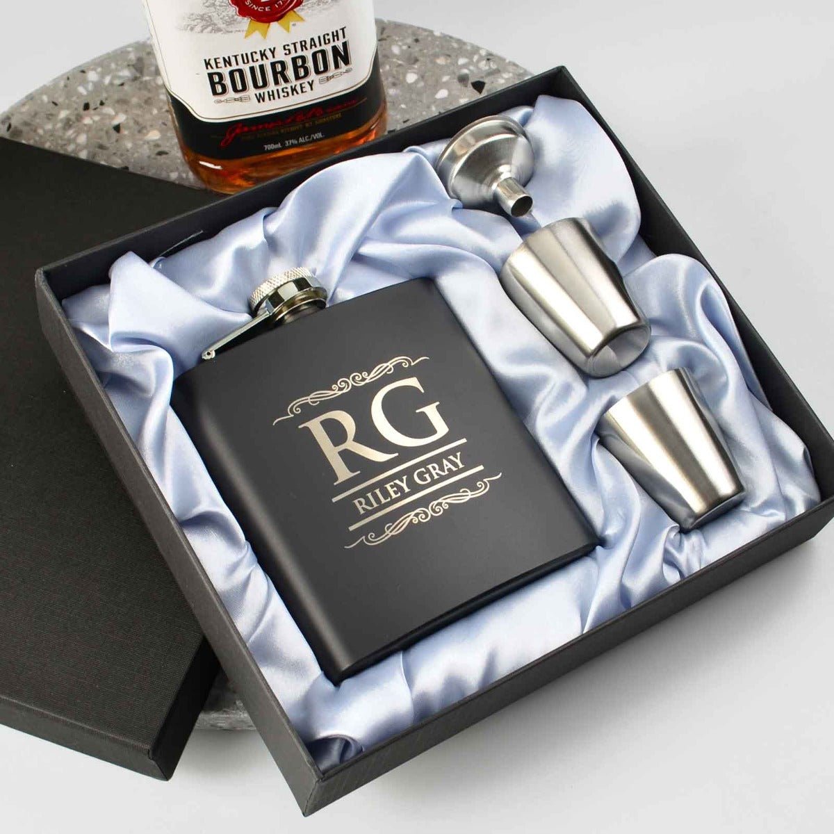 Engraved Birthday 6oz Black Hip Flask with Funnel and Shot Glasses