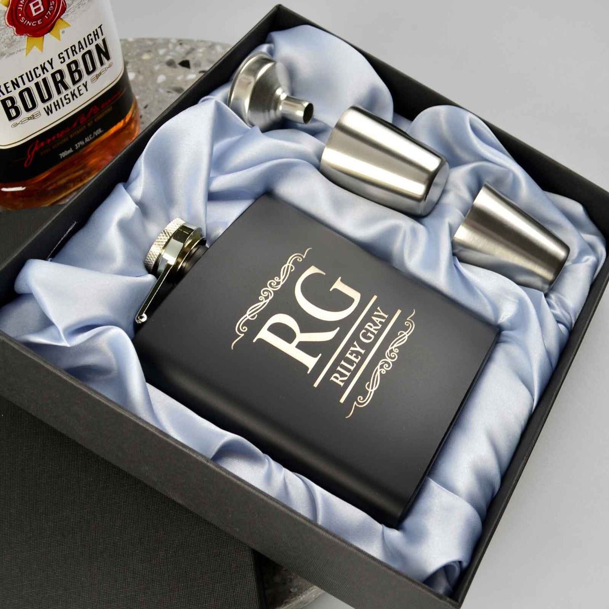 Engraved Birthday 6oz Black Hip Flask with Funnel and Shot Glasses