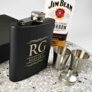 Engraved Birthday 6oz Black Hip Flask with Funnel and Shot Glasses