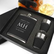 Engraved Birthday Black Leatherette 8oz Hip Flask Set