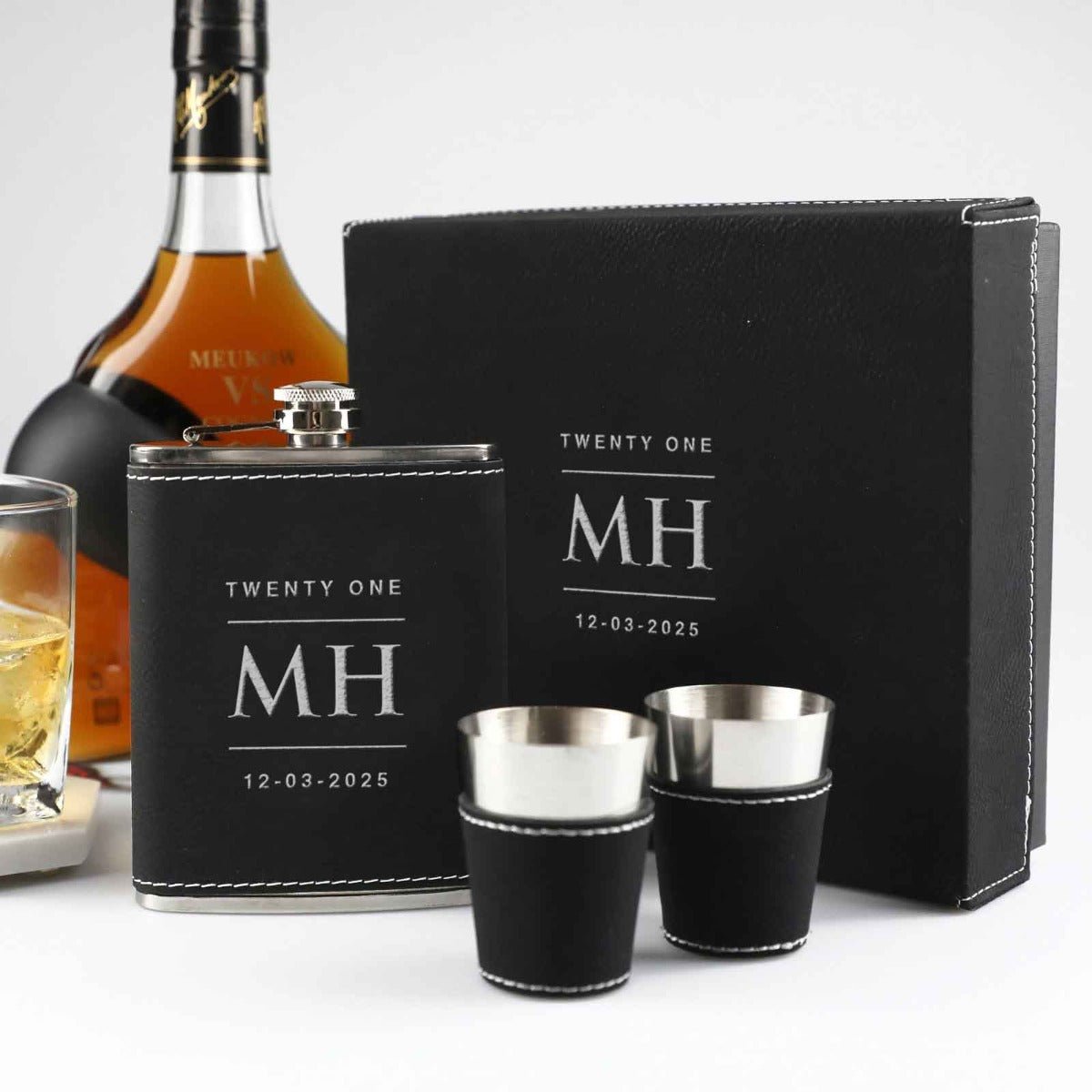Engraved Birthday Black Leatherette 8oz Hip Flask Set