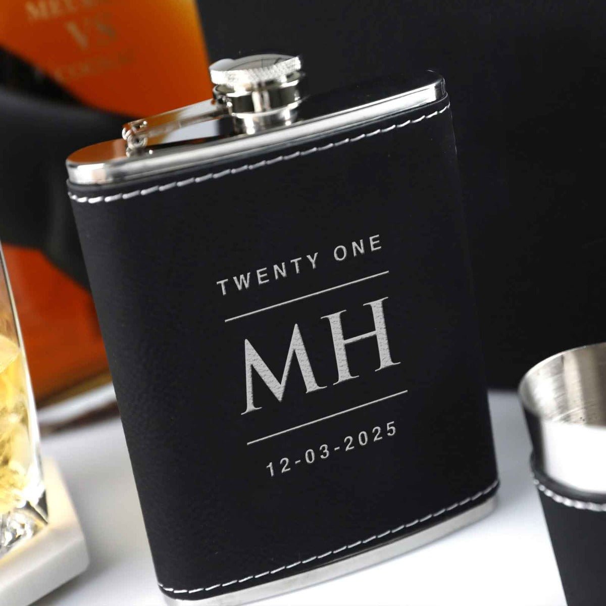 Engraved Birthday Black Leatherette 8oz Hip Flask Set