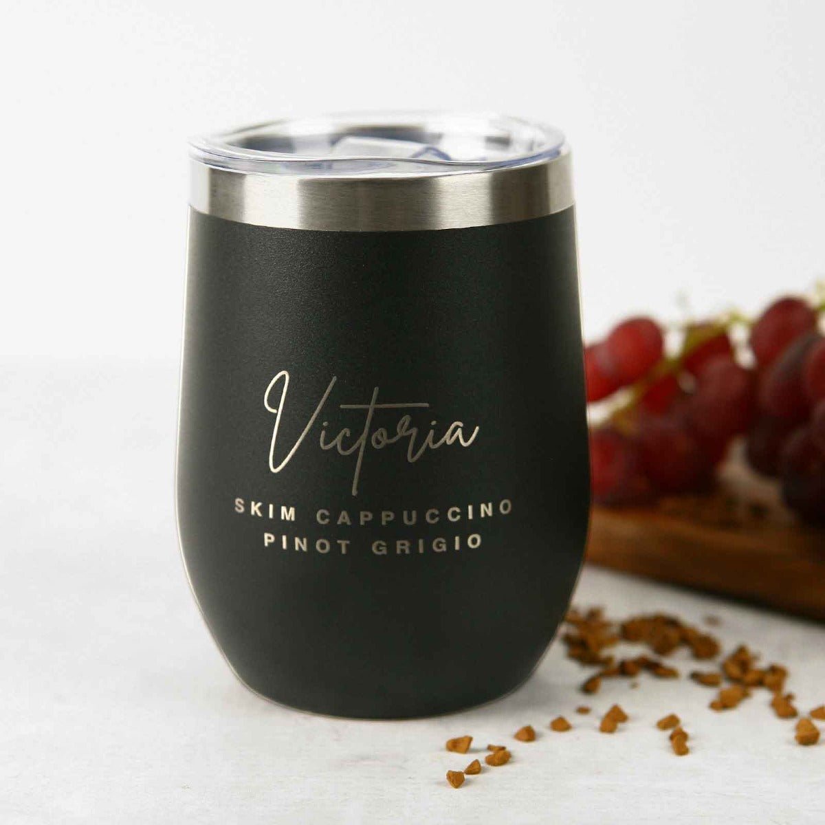 Engraved Birthday Matte Black Coffee Keep Cup Wine Sipper Silver Rim