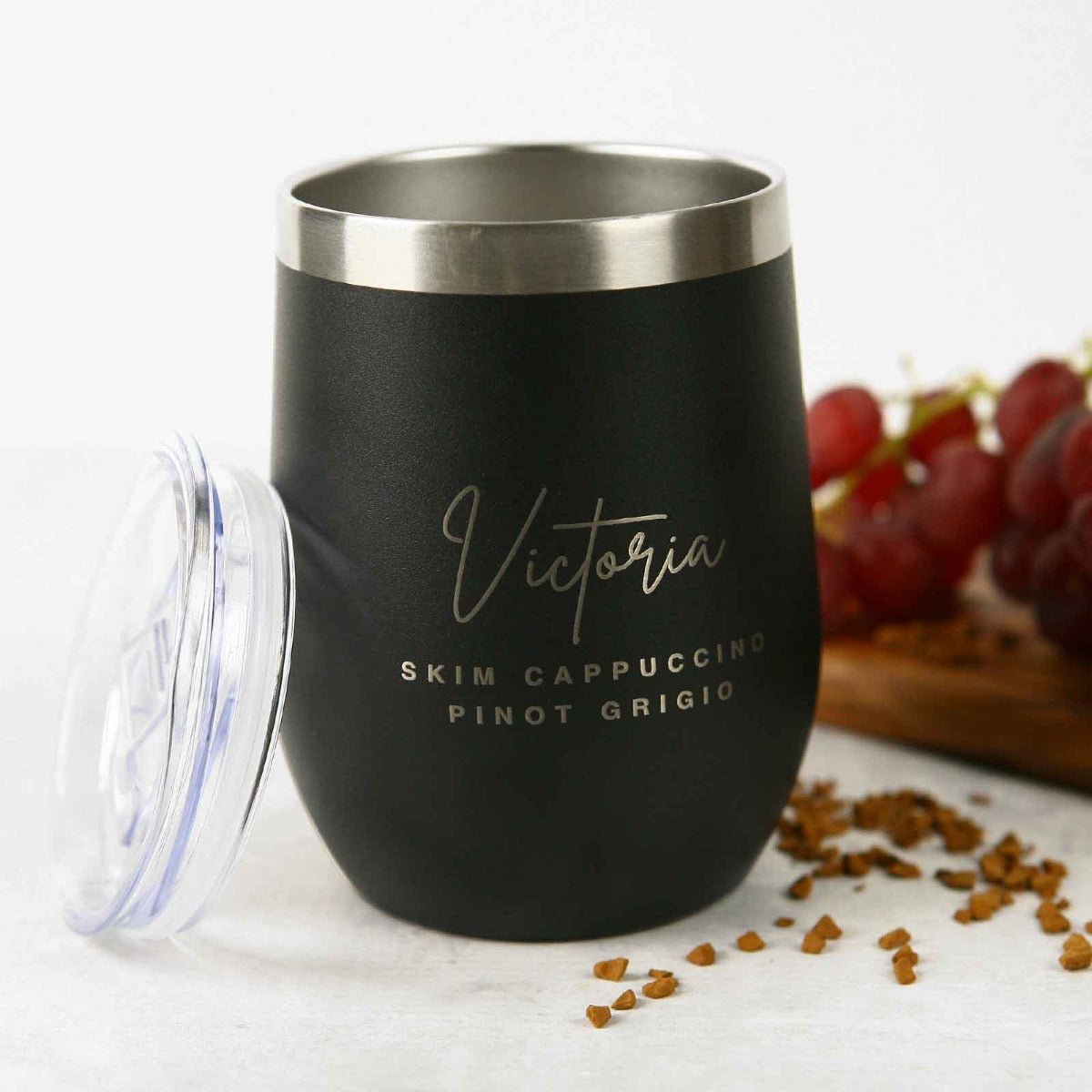 Engraved Birthday Matte Black Coffee Keep Cup Wine Sipper Silver Rim