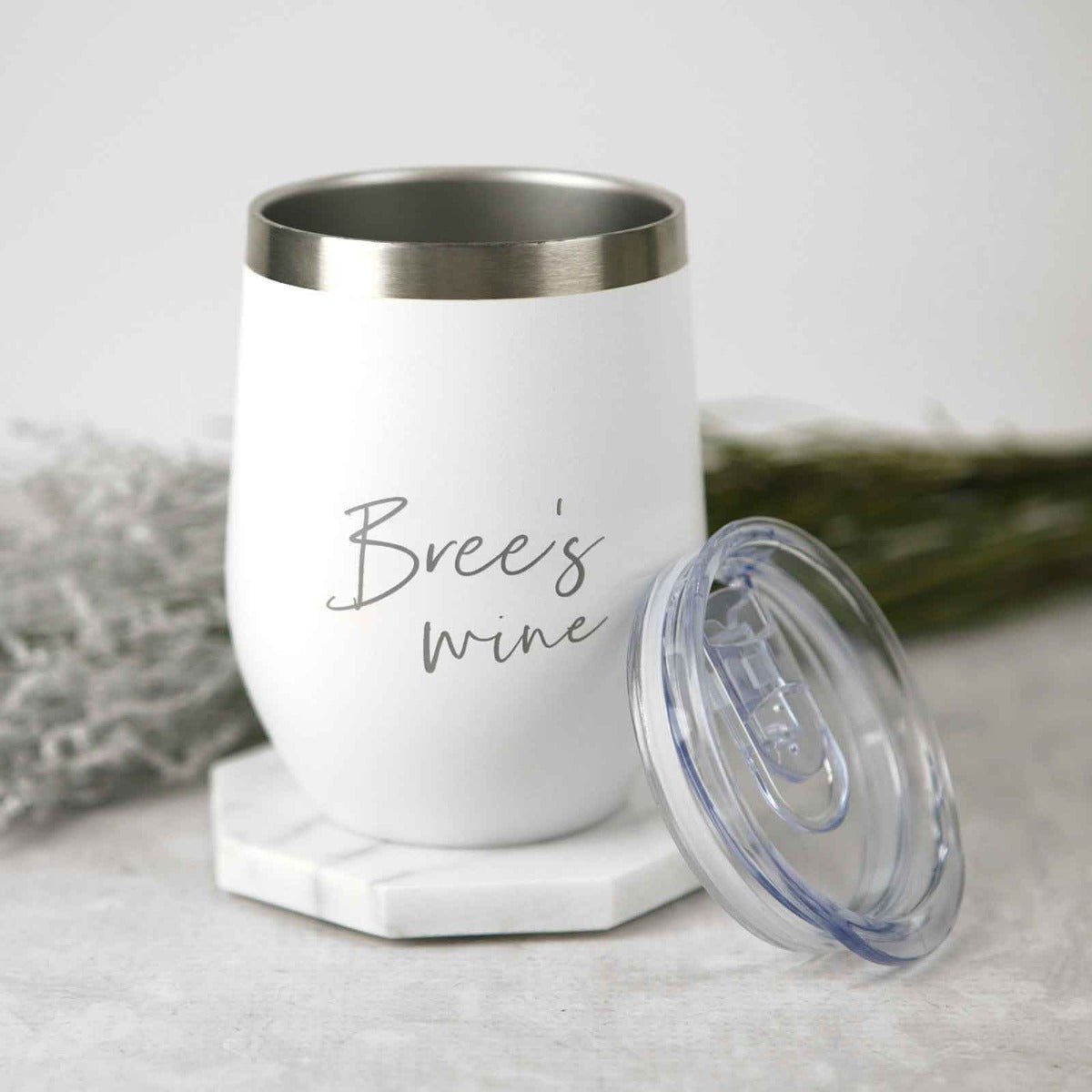Engraved Birthday White Coffee Keep Cup Wine Sipper Silver Rim