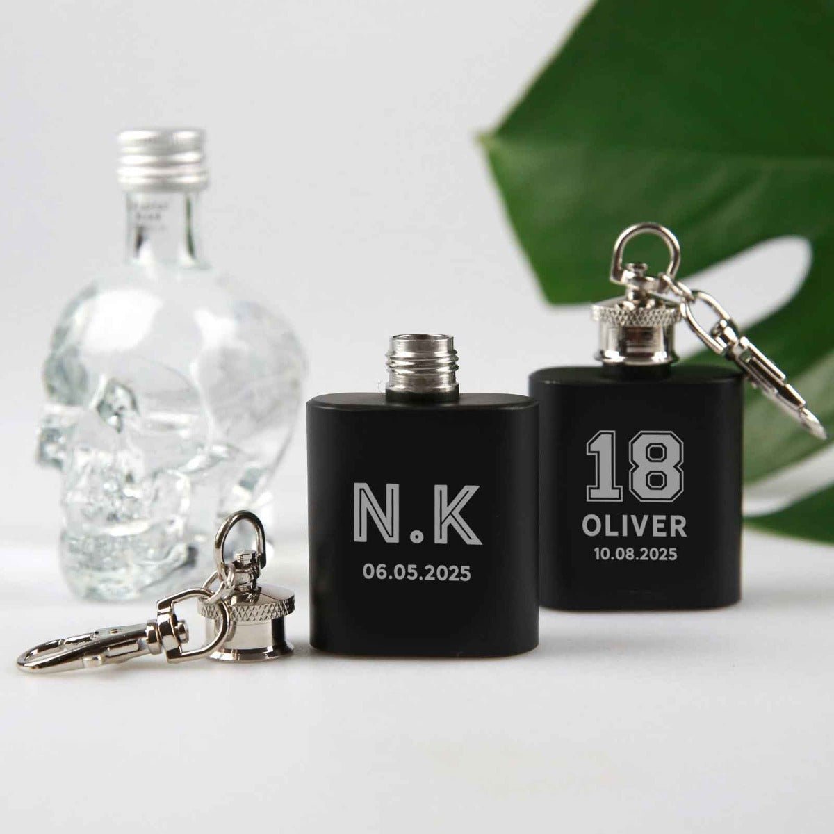 Engraved Birthday Black Mini Hip Flask Keyring