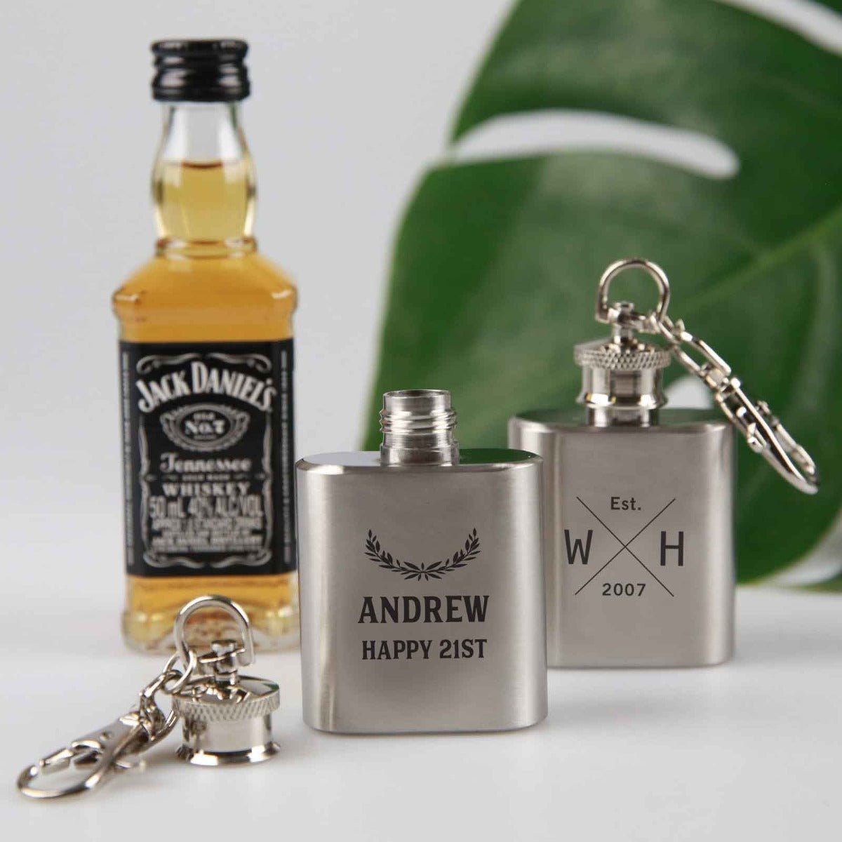 Engraved Birthday Silver Mini Hip Flask Keyring