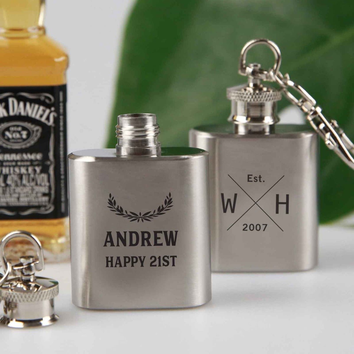Engraved Birthday Silver Mini Hip Flask Keyring