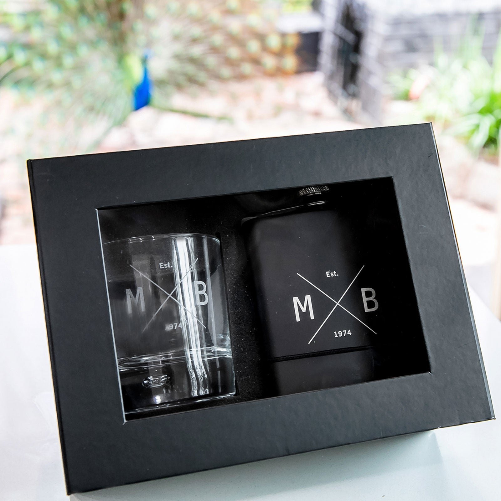 Gift Boxed Birthday Engraved Round Scotch Glass and Black 7oz Hip Flask