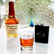 Gift Boxed Birthday Engraved Round Scotch Glass and Black 7oz Hip Flask
