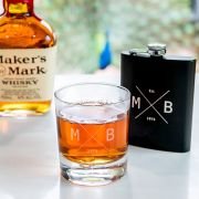 Gift Boxed Birthday Engraved Round Scotch Glass and Black 7oz Hip Flask