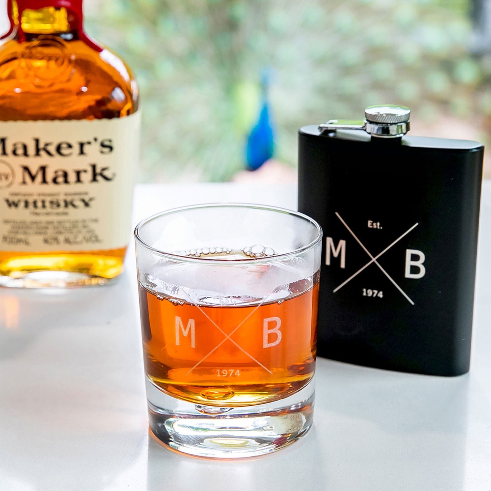 Gift Boxed Birthday Engraved Round Scotch Glass and Black 7oz Hip Flask