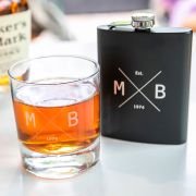 Gift Boxed Birthday Engraved Round Scotch Glass and Black 7oz Hip Flask