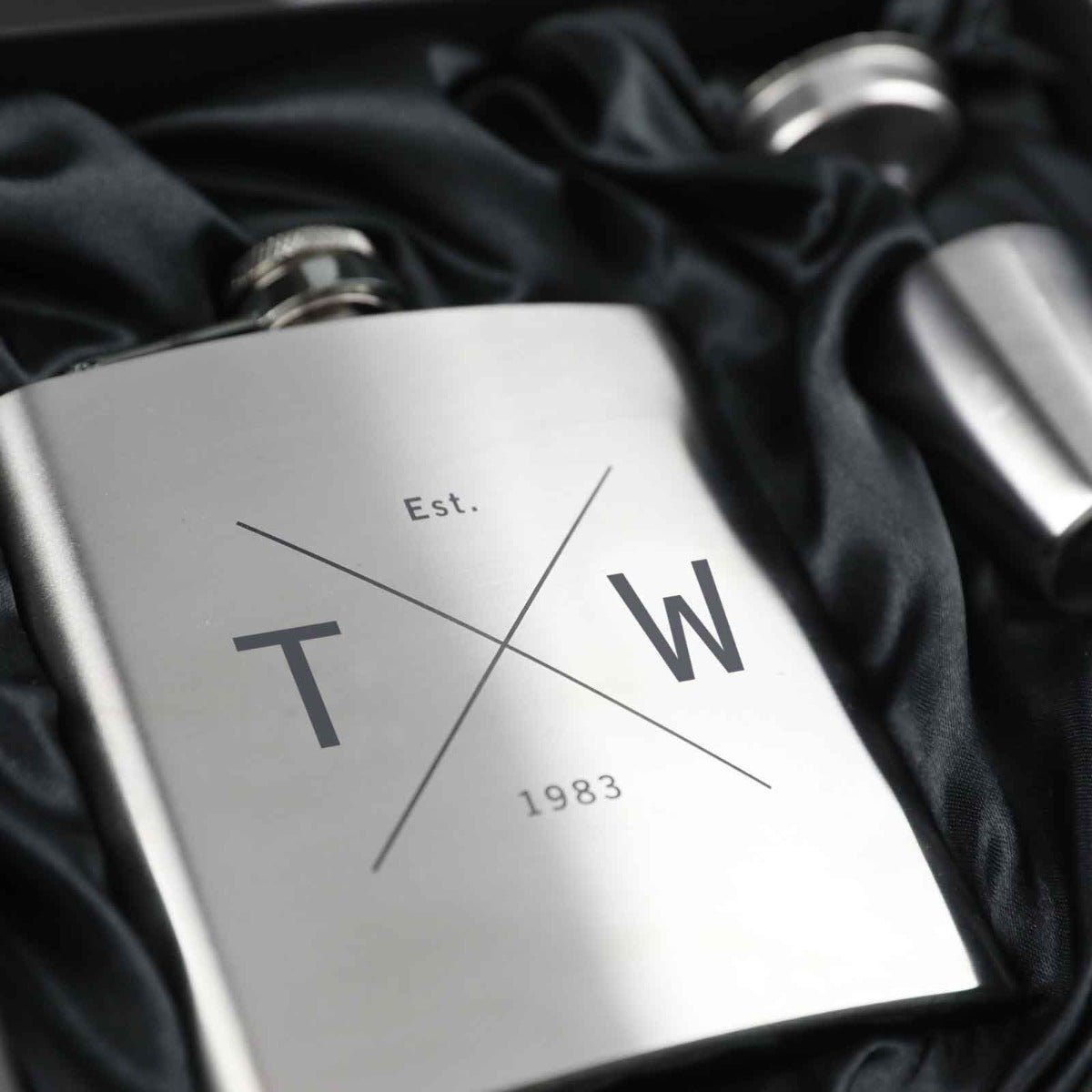Engraved Birthday 6oz Silver Hip Flask with Funnel and Shot Glasses
