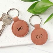 Engraved Birthday Tan Leatherette Keyring