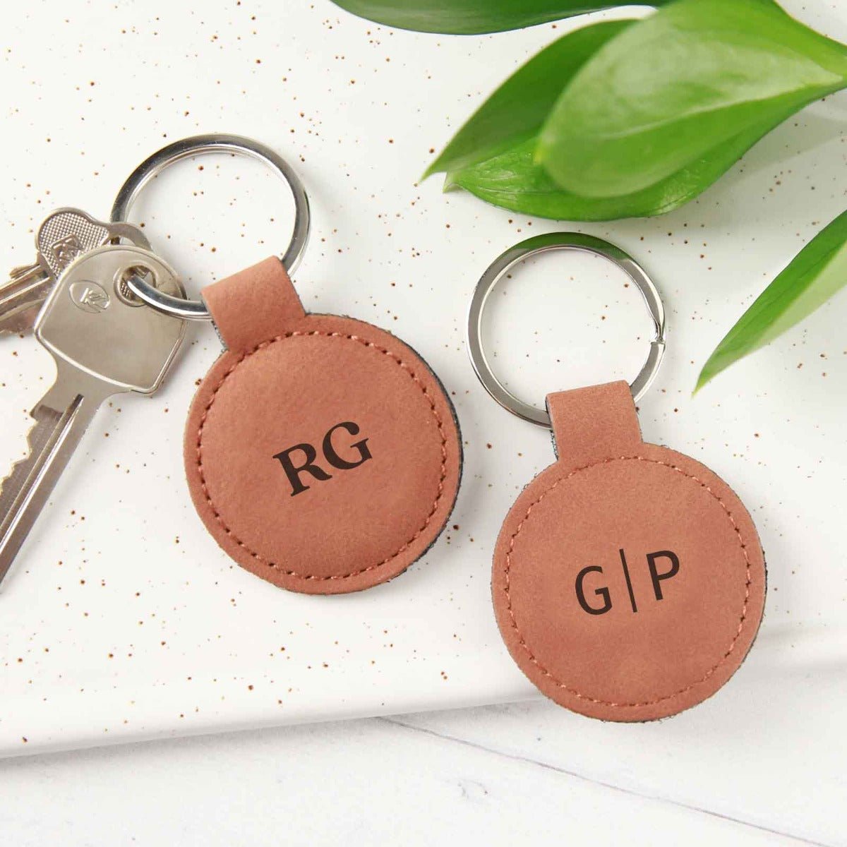 Engraved Birthday Tan Leatherette Keyring