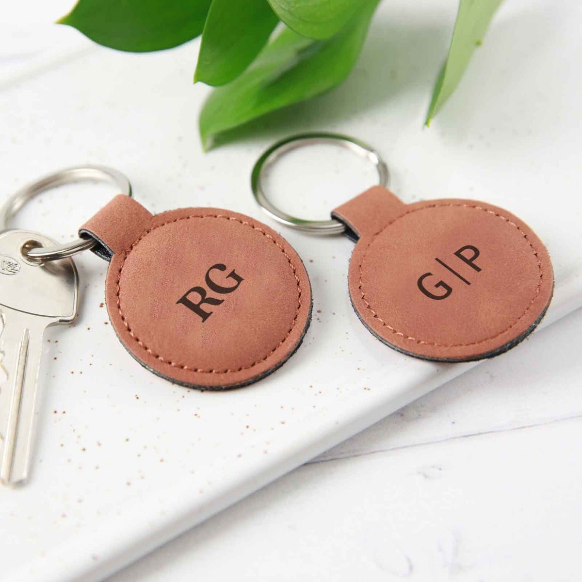 Engraved Birthday Tan Leatherette Keyring